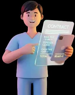 Clinician reviewing a contract with base pay, stipends, and overtime itemized