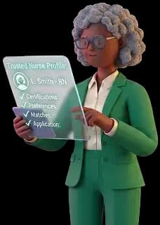 Nurse reviewing a Trusted profile with certifications, preferences, and matches checked off