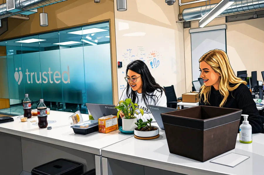 Two Trusted teammates working side by side at desks in the San Francisco office