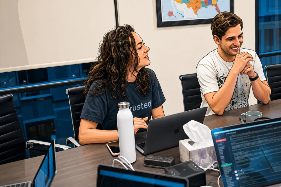 Two Trusted teammates laughing during a meeting in a conference room
