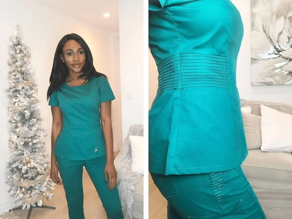 two photos of nurse wearing jaanuu scrubs blue nursing scrubs review