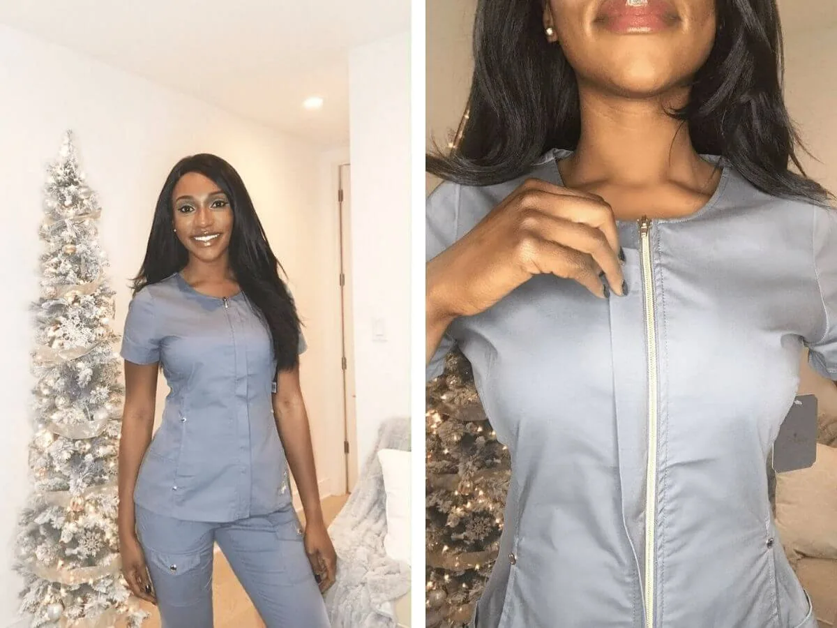 two photos of nursing trying on grey jaanuu scrubs nursing scrubs review