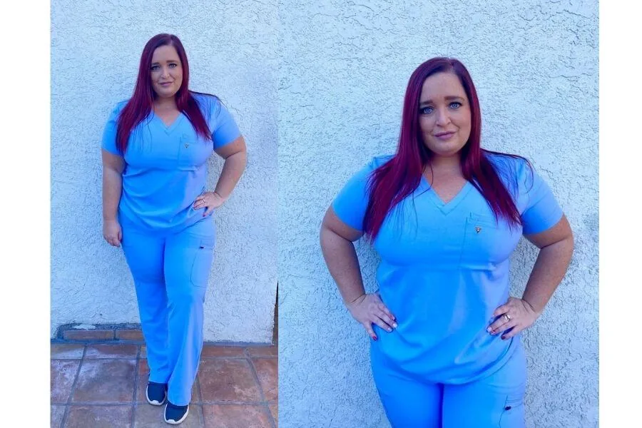 nurse jeri ford wearing poppy scrubs for poppy scrubs review