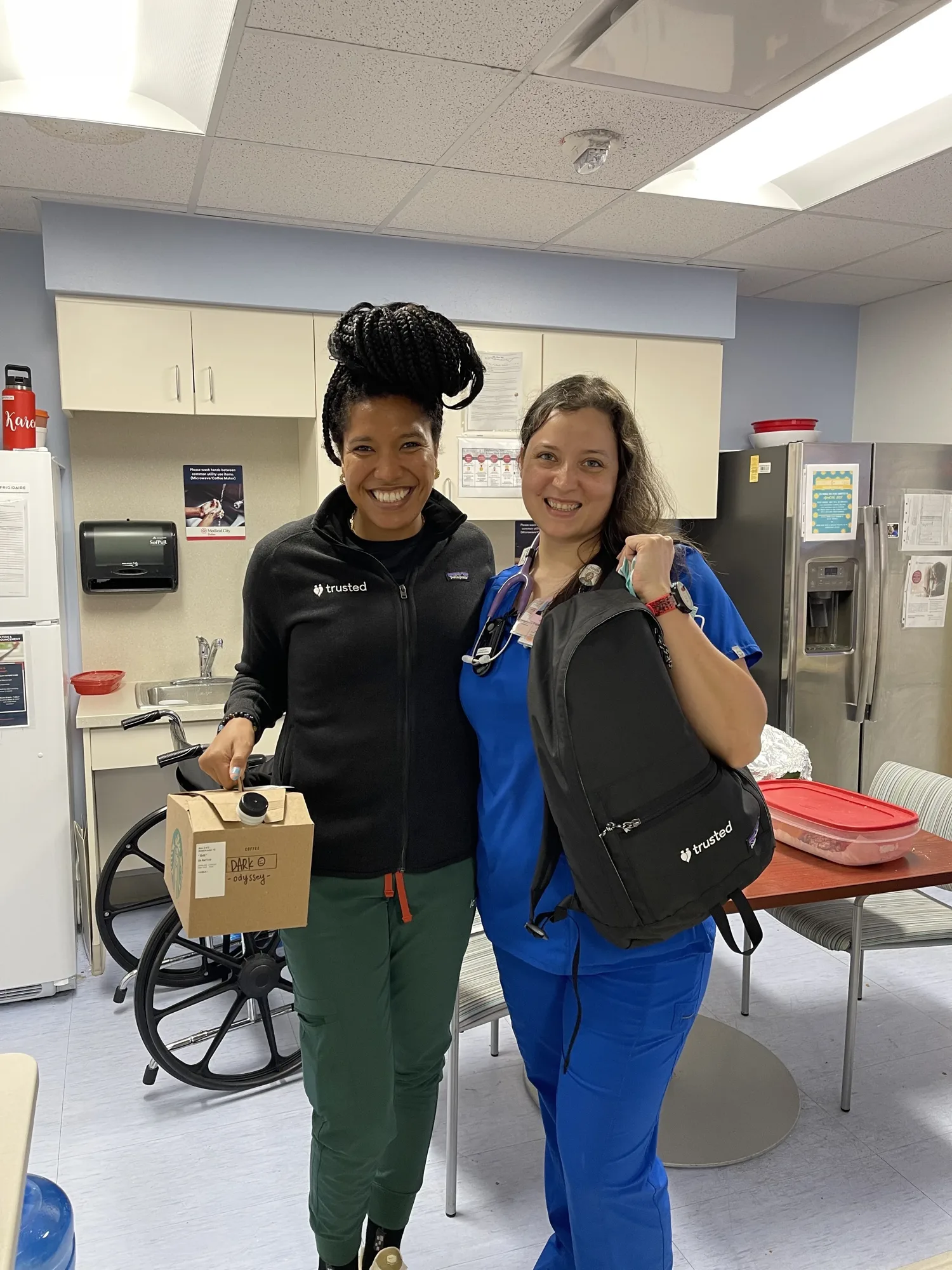 Trusted Community Manager with a Travel Nurse delivering coffee