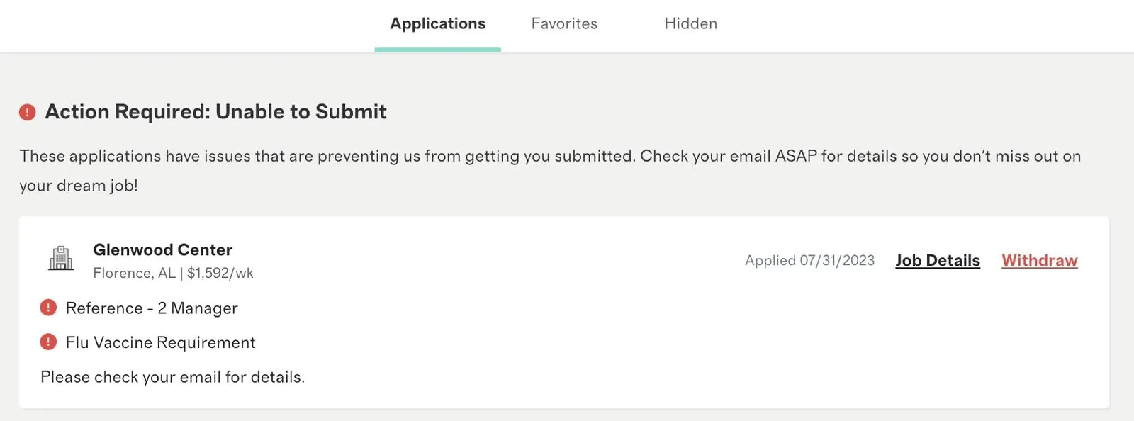 An image illustrating the 'Action Required: Unable to Submit' section on Trusted's platform, where users are notified of necessary improvements or additional information required to advance their job application, facilitating a swift and efficient process.