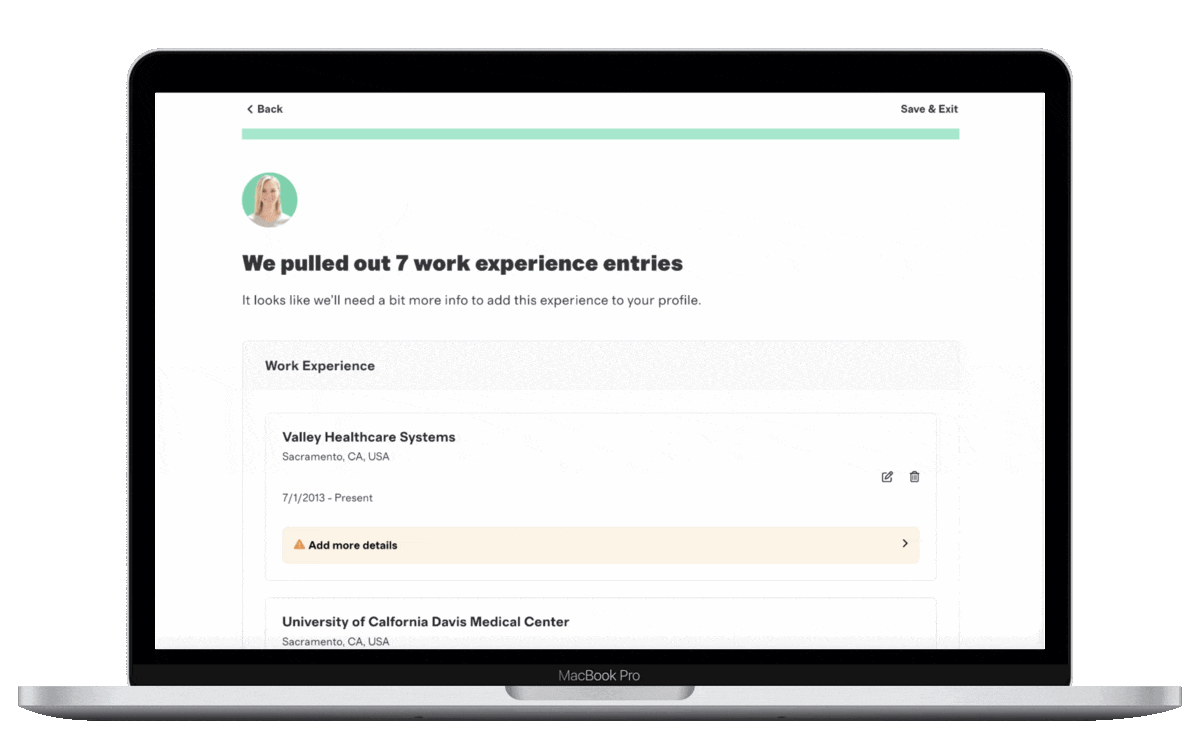 Animated .gif of Trusted's resume parser auto-filling a travel nurse's profile using information from an uploaded resume.