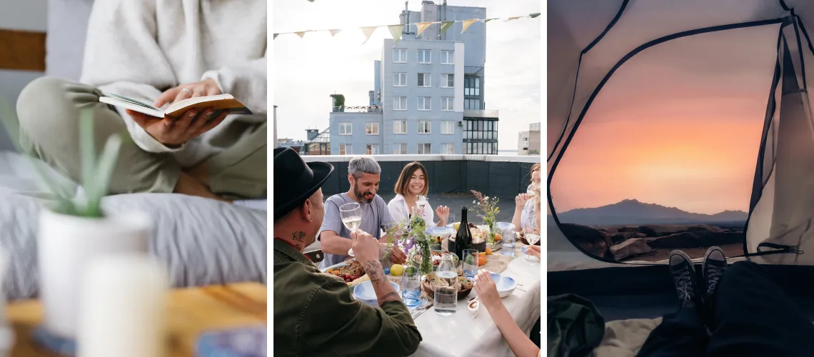 A panel of three photos displaying self-care activities: On the left, a person relaxing with a book in cozy attire; in the center, a group of friends enjoying a rooftop dinner party; on the right, a view from inside a tent overlooking a serene sunset.