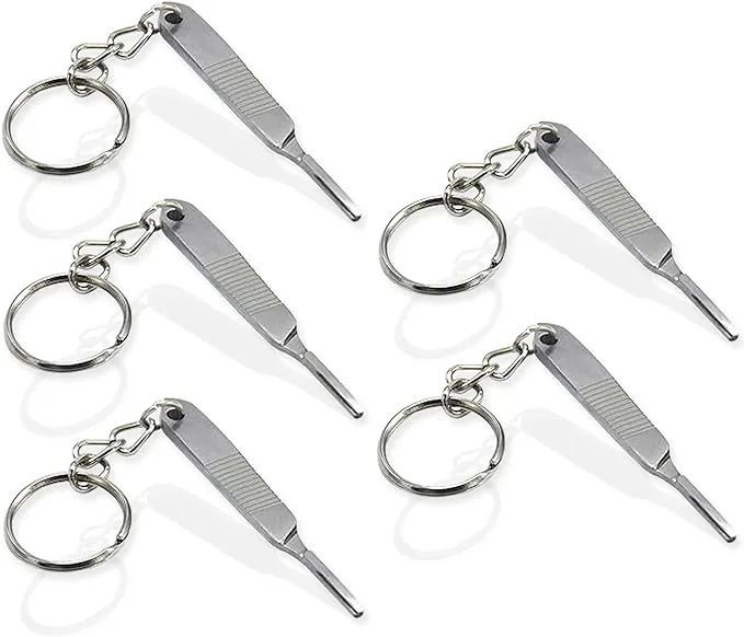 A set of miniature scalpel keychains, finely detailed and silver in color, representing the surgical tech profession, perfect for adding a professional flair to one's keys.