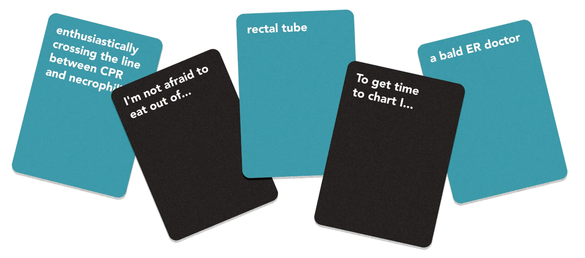 Five Code Brown cards, teal and black, fanned out