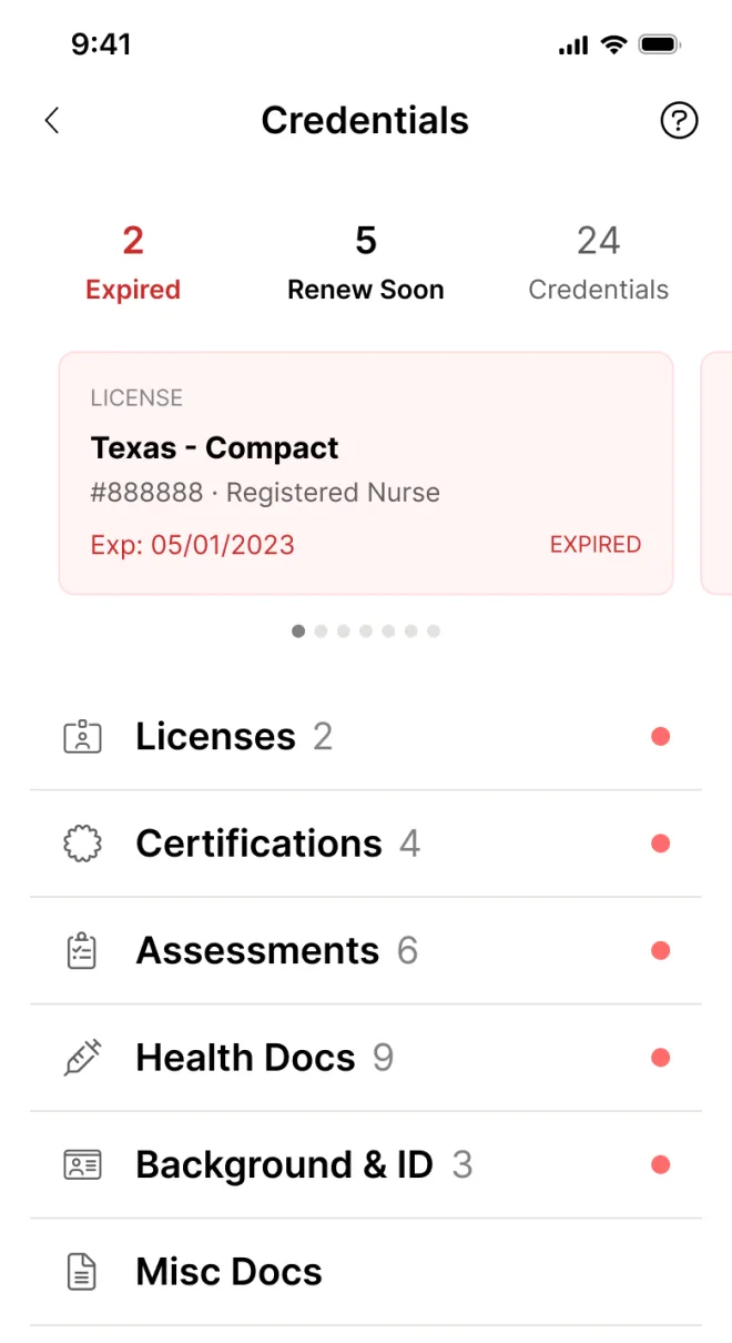 The Credentials screen in the Trusted app, listing licenses, certifications, assessments and health documents