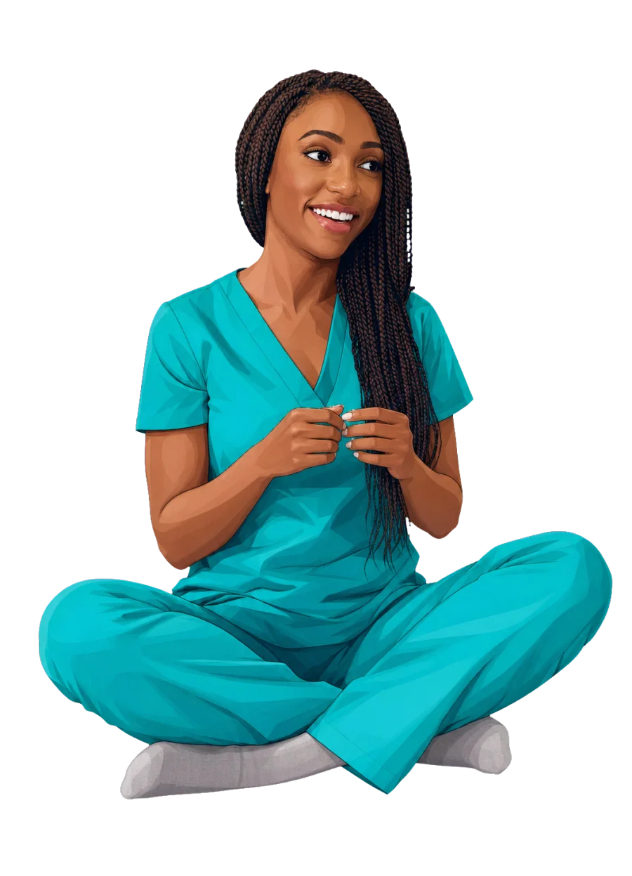 A Trusted clinician in teal scrubs, sitting cross-legged