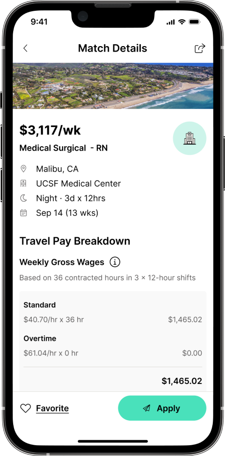 Trusted Health app showing match details and travel pay breakdown for a nursing role